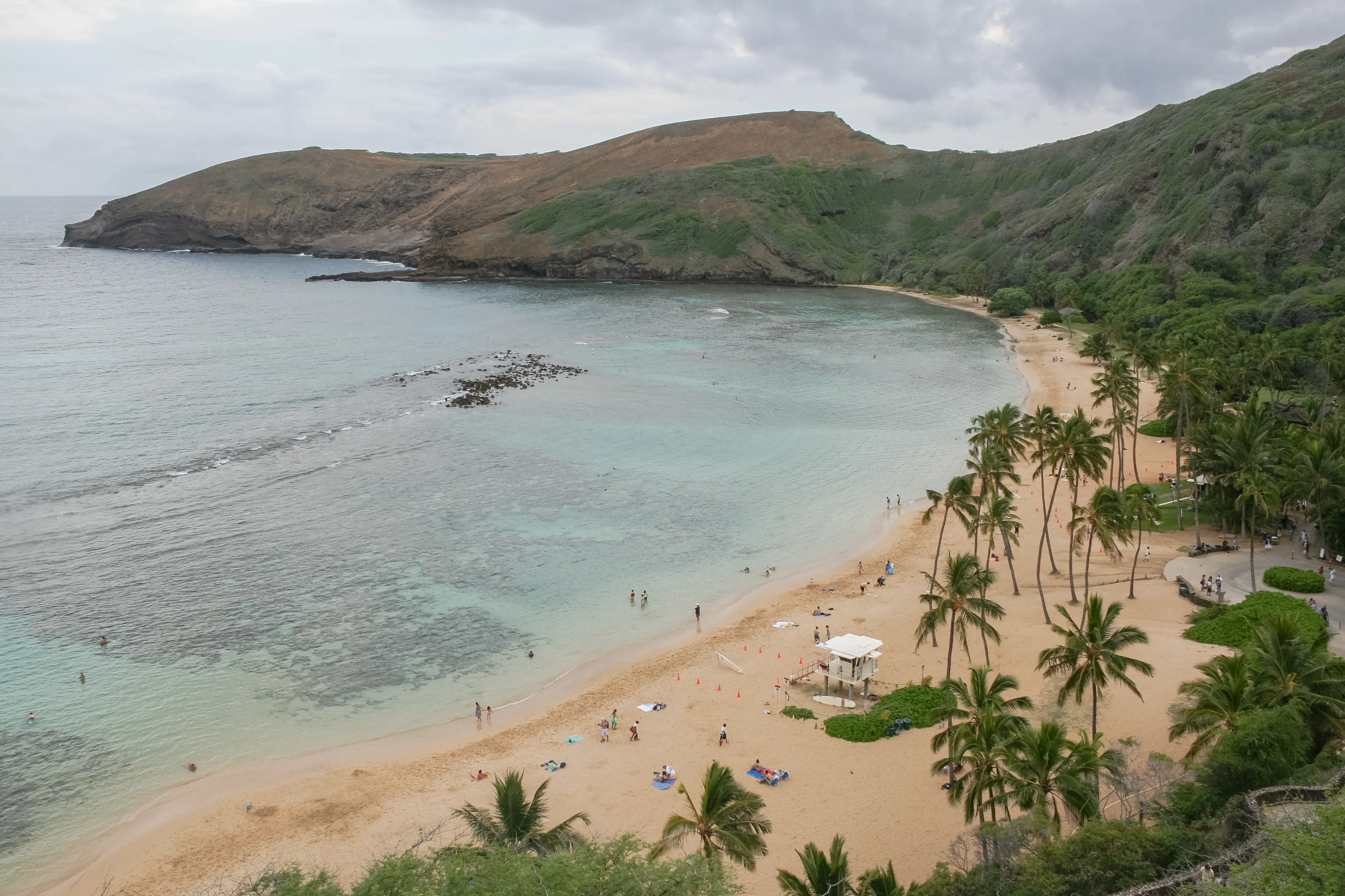 The curved turquoise bay and palm-lined beach of Hanauma Bay on Oahu, framed by a volcanic crater
