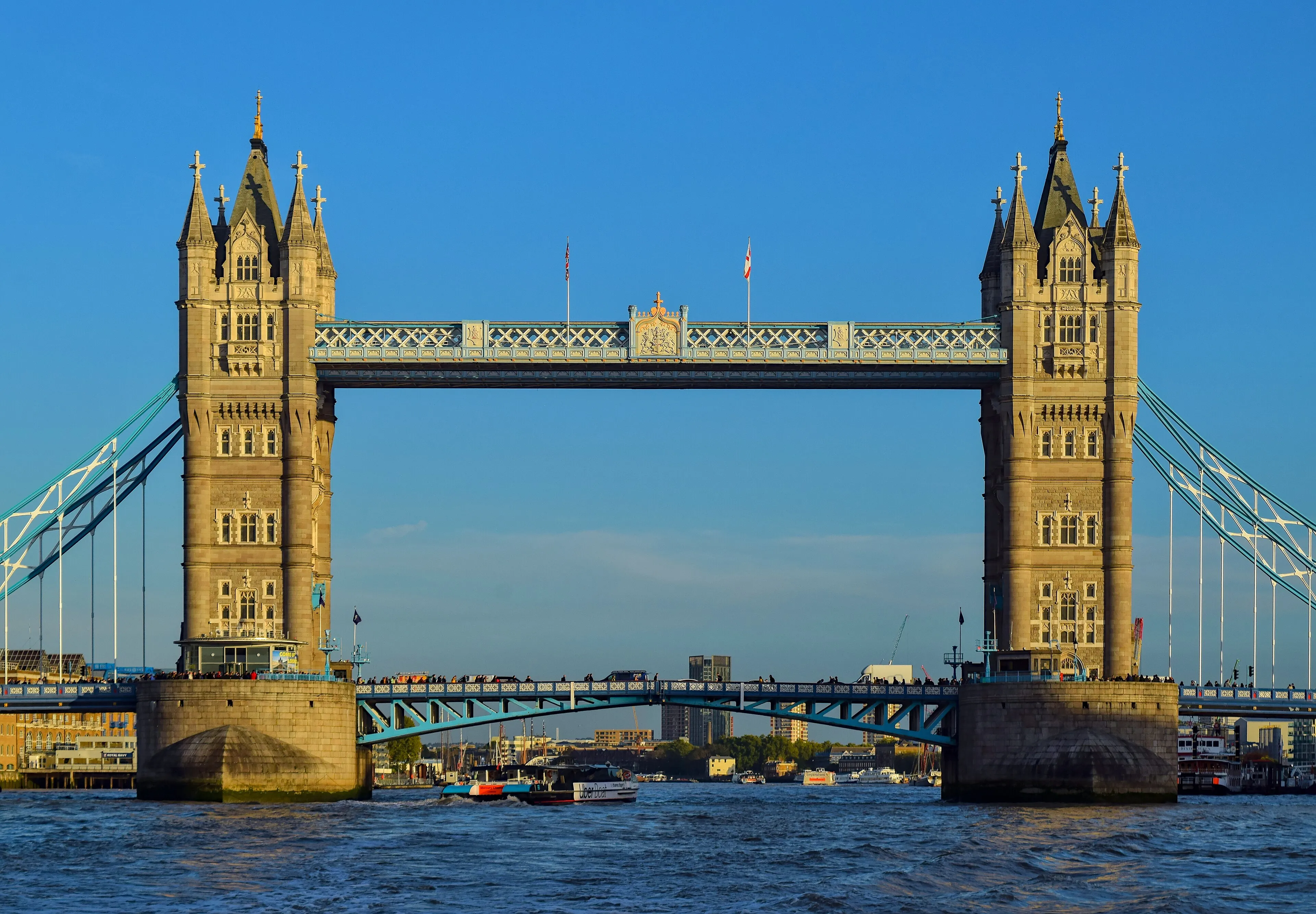 Tower Bridge over the River Thames in London glowing at golden hour